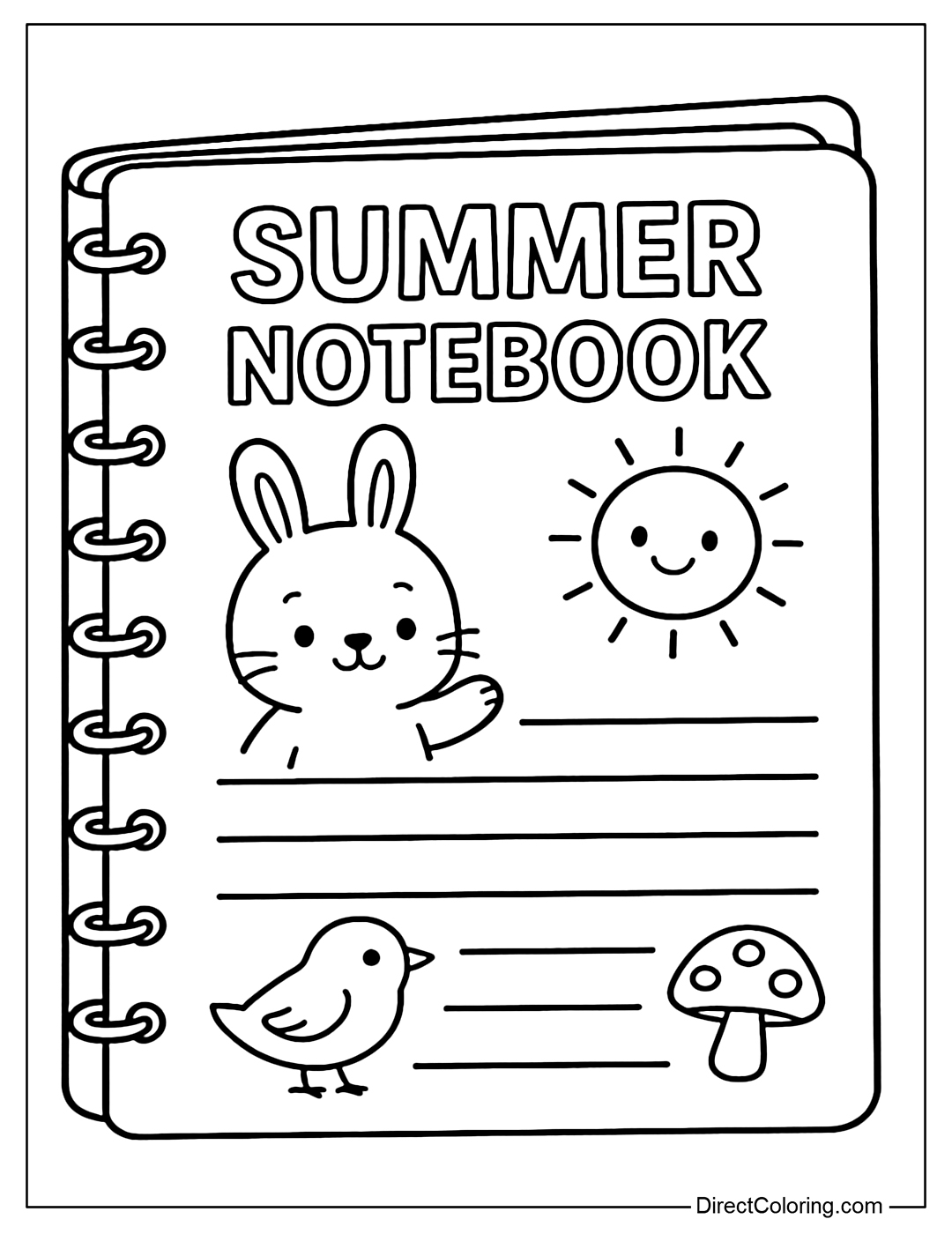 A summer notebook coloring page with a rabbit, bird, sun and small mushroom notebook page.